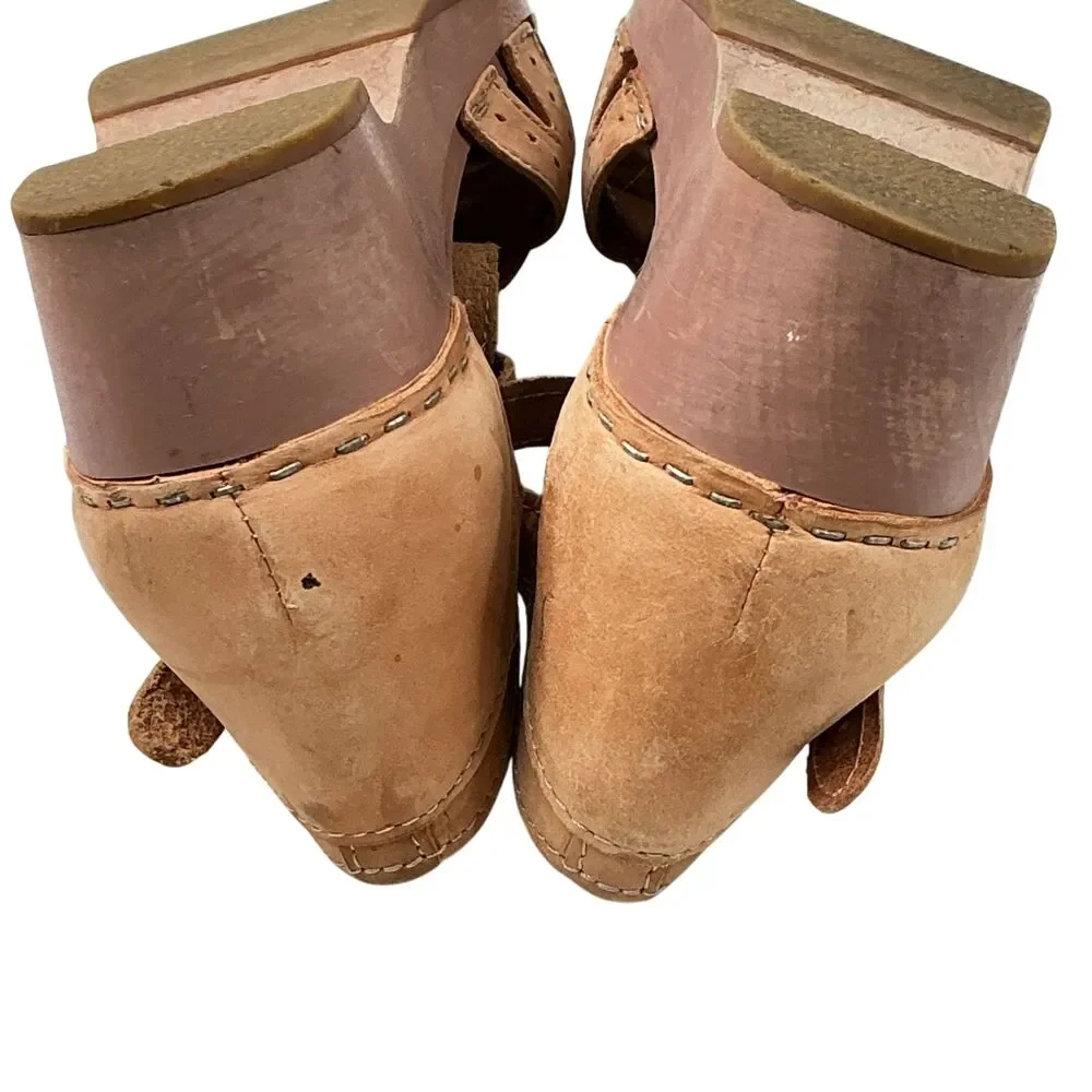 Toffel Swedish Clog Hasbeens T-Strap EU 38 Leather Wedge Heels Sandals Beige